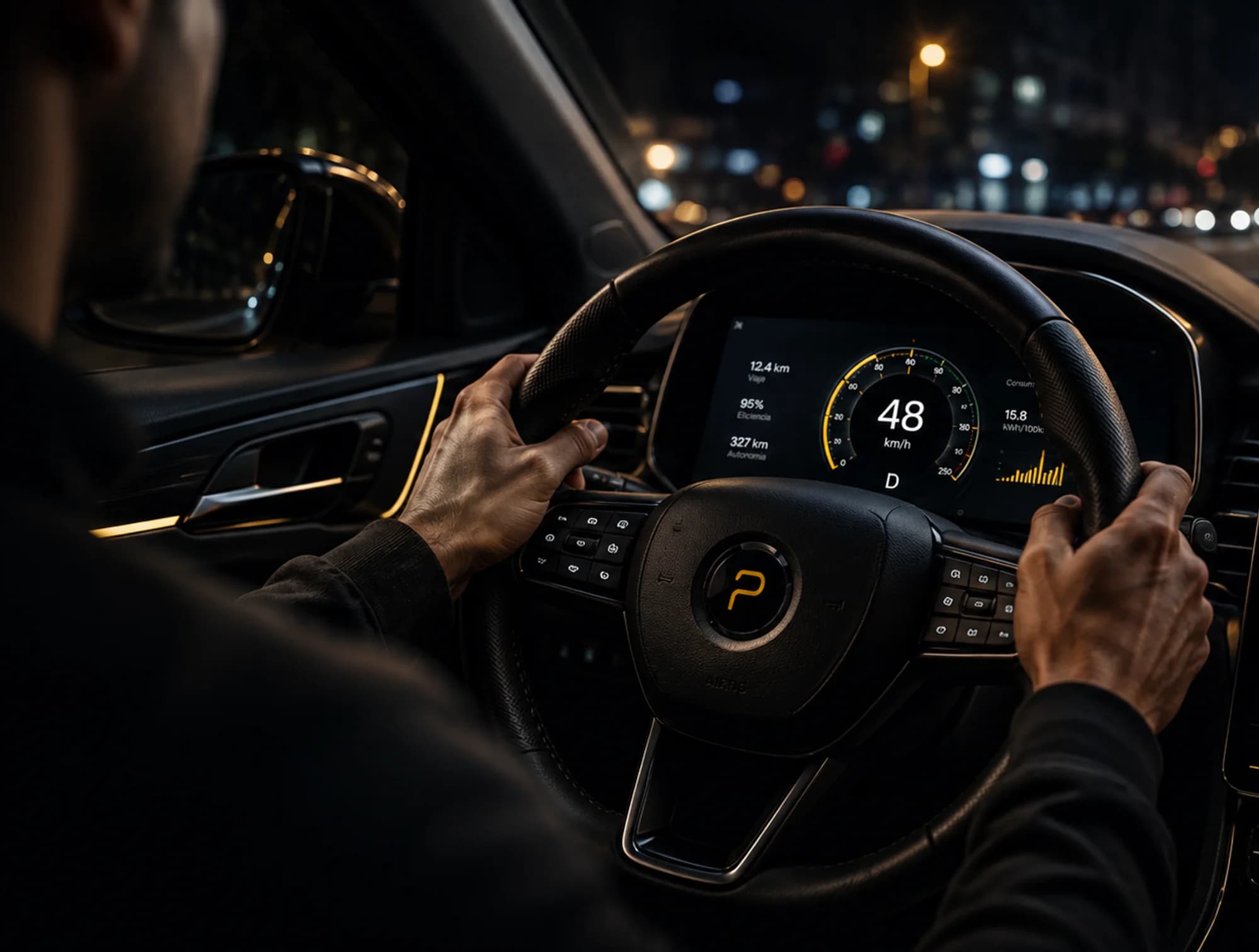 Interior de un vehiculo en marcha de noche, con el volante y el cuadro digital iluminados